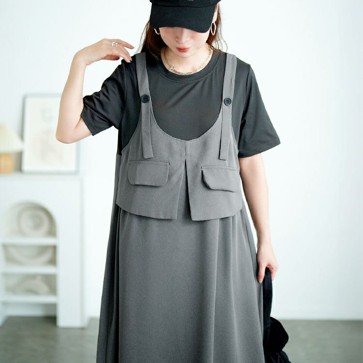 大きいサイズ レディース フラップデザインTシャツドッキングワンピース　goldy-1728【メール便可】