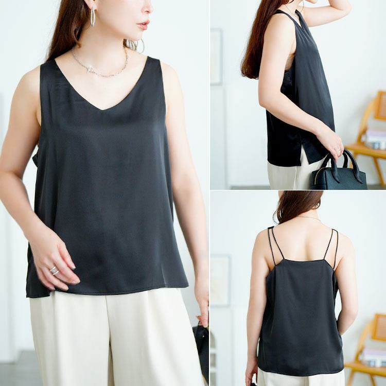 大きいサイズ レディース バックストラップVネックノースリーブトップス　goldy-1729【メール便可】 ブラック