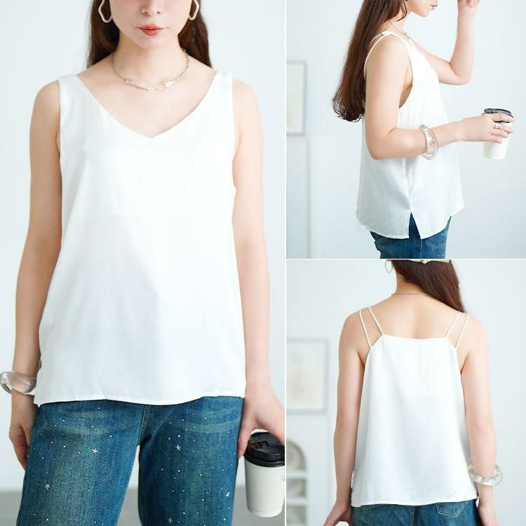 大きいサイズ レディース バックストラップVネックノースリーブトップス　goldy-1729【メール便可】 ホワイト