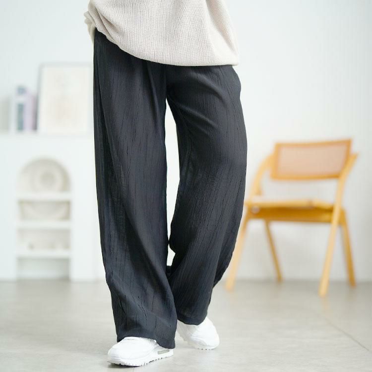 大きいサイズ レディース ランダムプリーツワイドパンツ　goldy-1724【メール便可】 ブラック