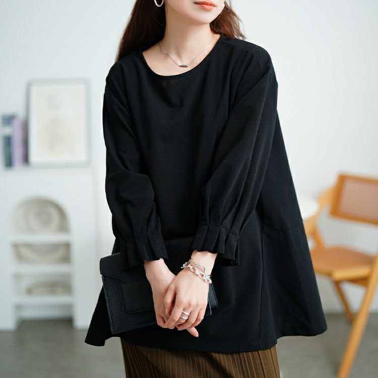 大きいサイズ レディース 袖口タックパールボタンフレアチュニック　mncut-152520 【メール便可】