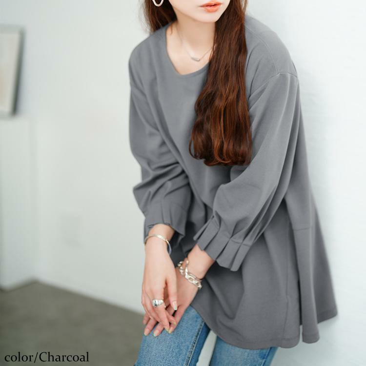 大きいサイズ レディース 袖口タックパールボタンフレアチュニック　mncut-152520 【メール便可】 チャコール