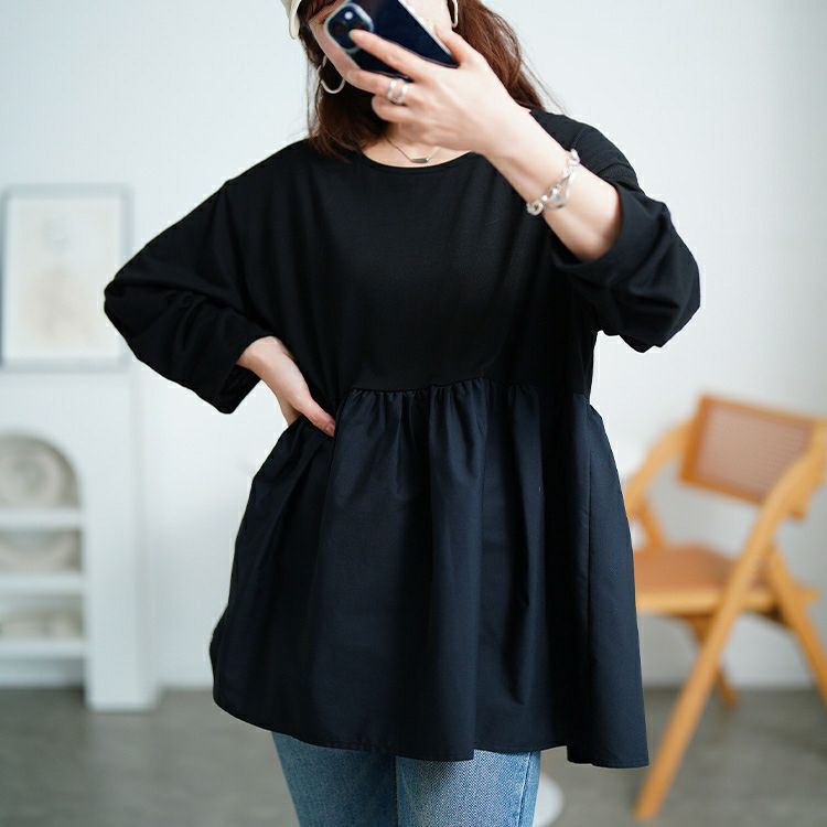 大きいサイズ レディース 異素材ペプラム切り替えプルオーバー　mncut-152519 【メール便可】