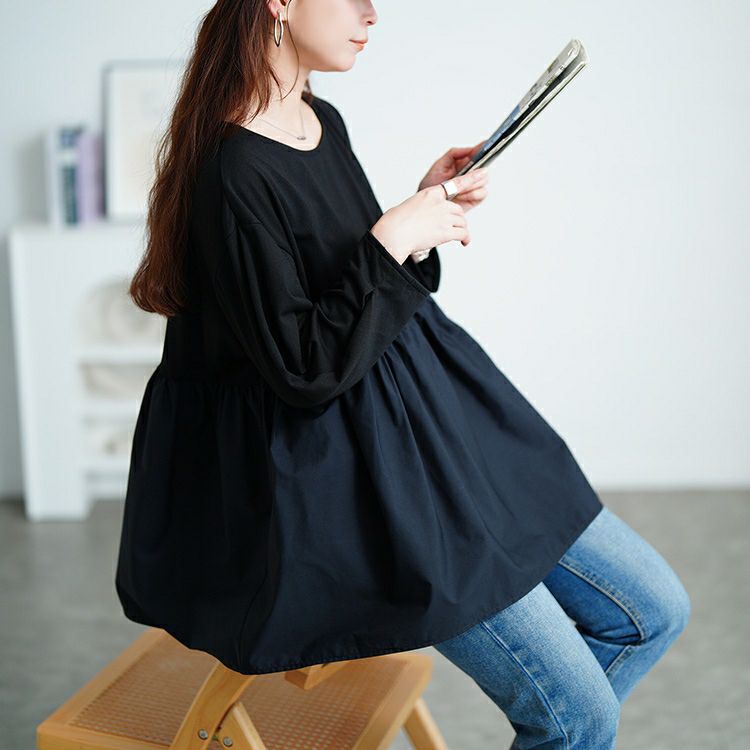 大きいサイズ レディース 異素材ペプラム切り替えプルオーバー　mncut-152519 【メール便可】