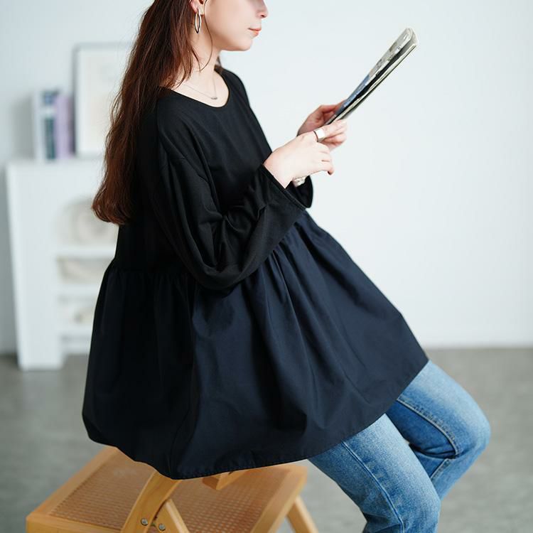 大きいサイズ レディース 異素材ペプラム切り替えプルオーバー　mncut-152519 【メール便可】 ブラック