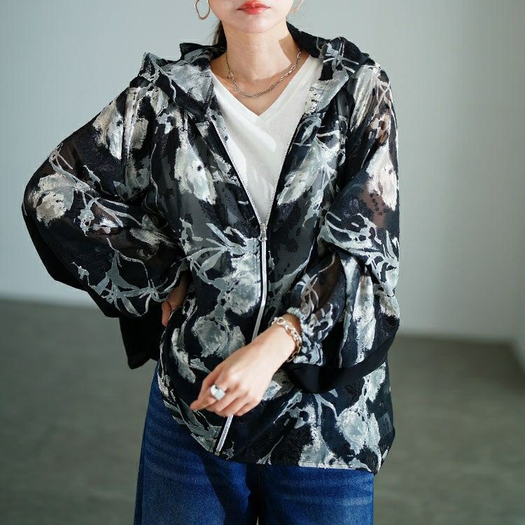 大きいサイズ レディース シアー花柄配色ティアード切り替えパーカー　sw-0817 【メール便可】