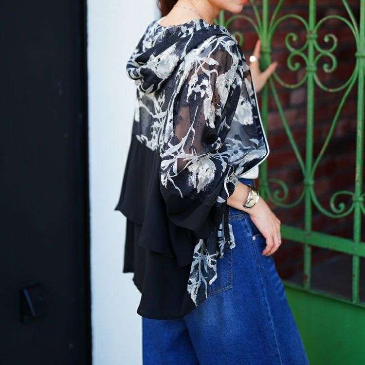 大きいサイズ レディース シアー花柄配色ティアード切り替えパーカー　sw-0817 【メール便可】