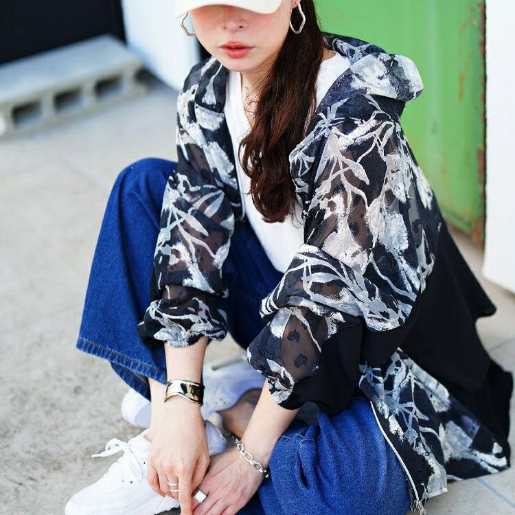 大きいサイズ レディース シアー花柄配色ティアード切り替えパーカー　sw-0817 【メール便可】