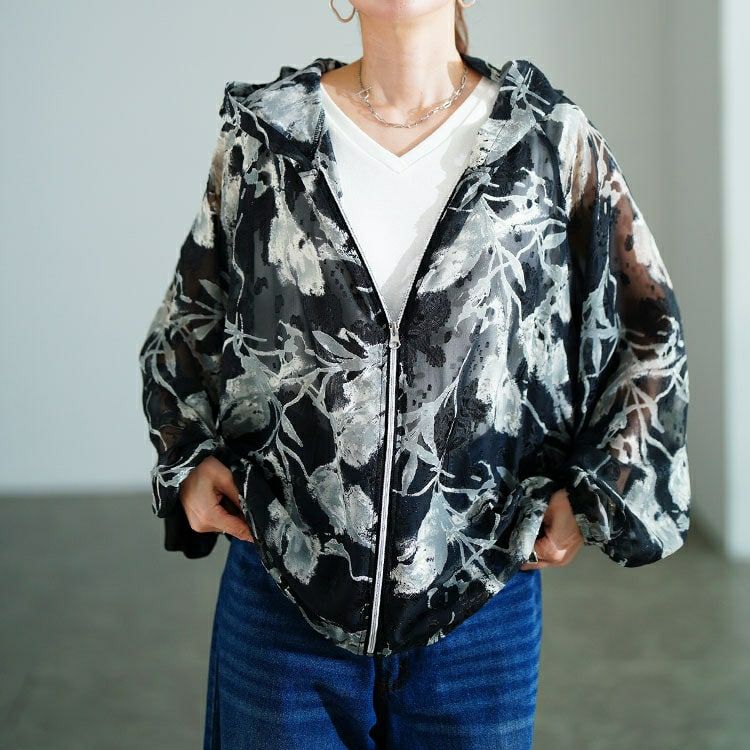 大きいサイズ レディース シアー花柄配色ティアード切り替えパーカー　sw-0817 【メール便可】