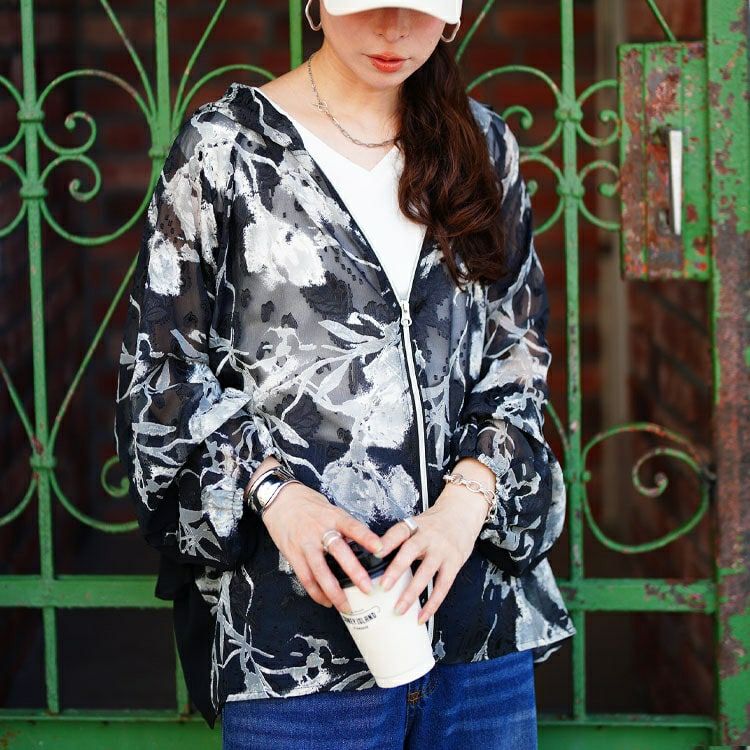 大きいサイズ レディース シアー花柄配色ティアード切り替えパーカー　sw-0817 【メール便可】