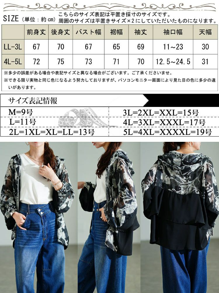 大きいサイズ レディース シアー花柄配色ティアード切り替えパーカー　sw-0817 【メール便可】