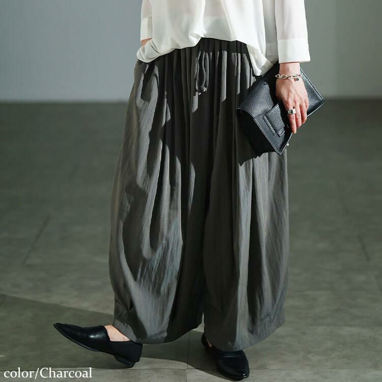 大きいサイズ レディース 裾タックワイドパンツ　sw-0816 チャコール