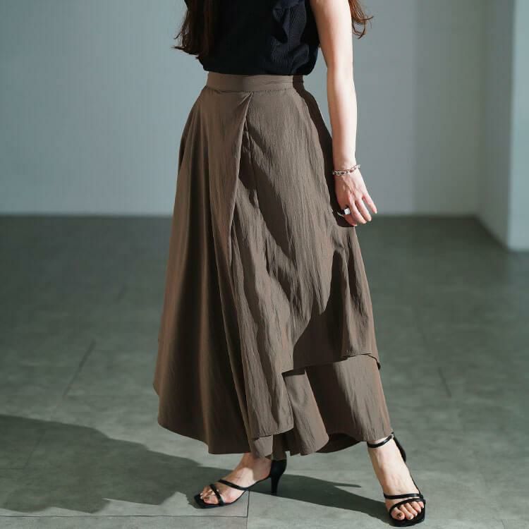 大きいサイズ レディース アシメレイヤードワイドパンツ　sw-0815 モカ