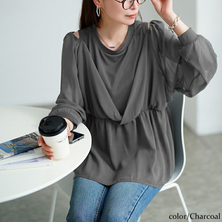 大きいサイズ レディース オープンショルダー重ね着風ペプラムチュニック　sum-0030 【メール便可】