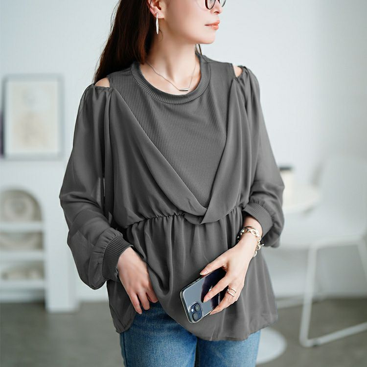 大きいサイズ レディース オープンショルダー重ね着風ペプラムチュニック　sum-0030 【メール便可】