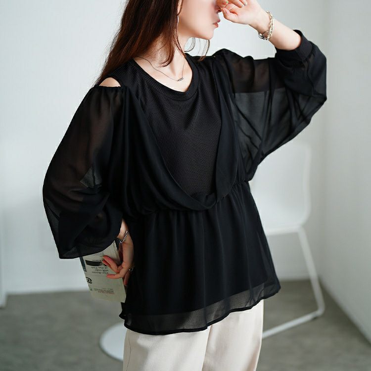 大きいサイズ レディース オープンショルダー重ね着風ペプラムチュニック　sum-0030 【メール便可】