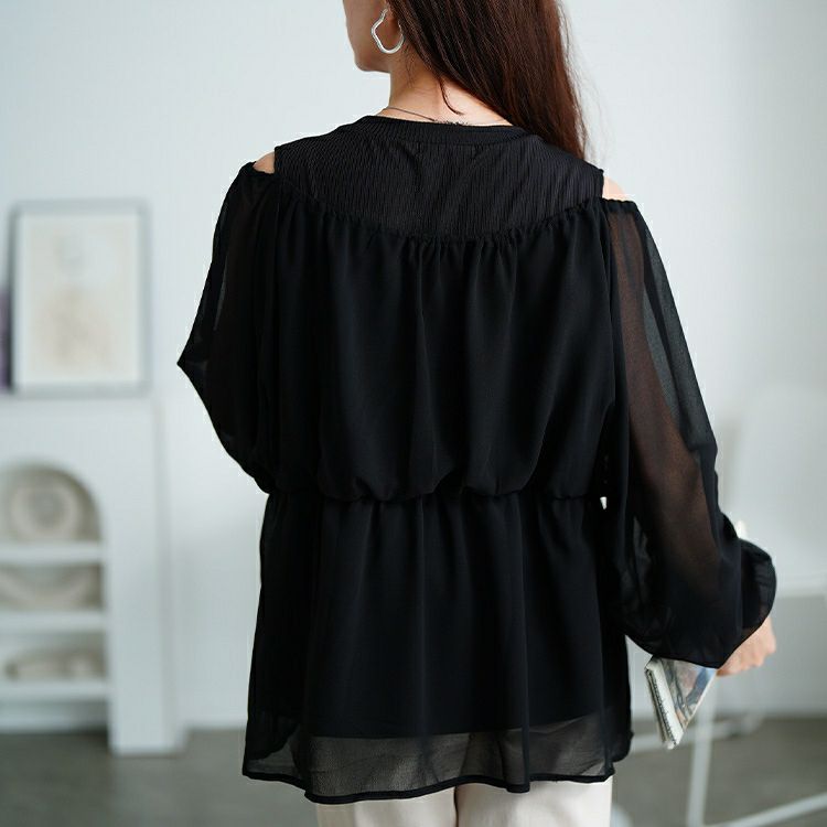 大きいサイズ レディース オープンショルダー重ね着風ペプラムチュニック　sum-0030 【メール便可】