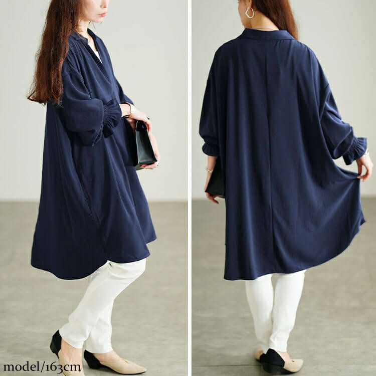 大きいサイズ レディース 袖口シャーリングスキッパーシャツチュニック　sum-0029 【メール便可】