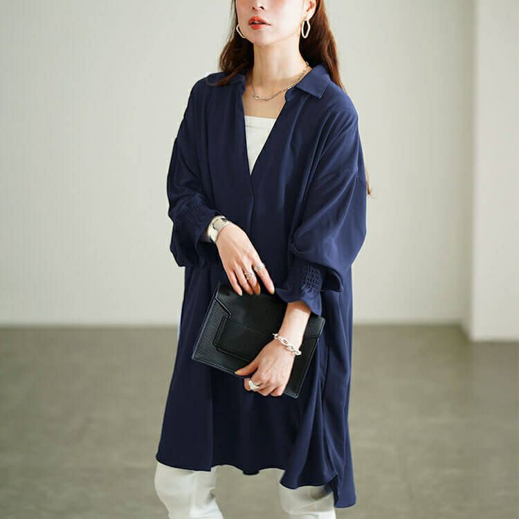 大きいサイズ レディース 袖口シャーリングスキッパーシャツチュニック　sum-0029 【メール便可】