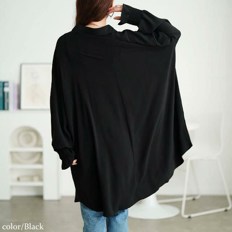 大きいサイズ レディース 袖口シャーリングスキッパーシャツチュニック　sum-0029 【メール便可】 ブラック