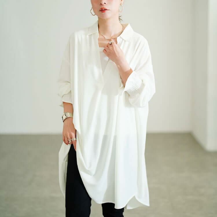 大きいサイズ レディース 袖口シャーリングスキッパーシャツチュニック　sum-0029 【メール便可】 ホワイト