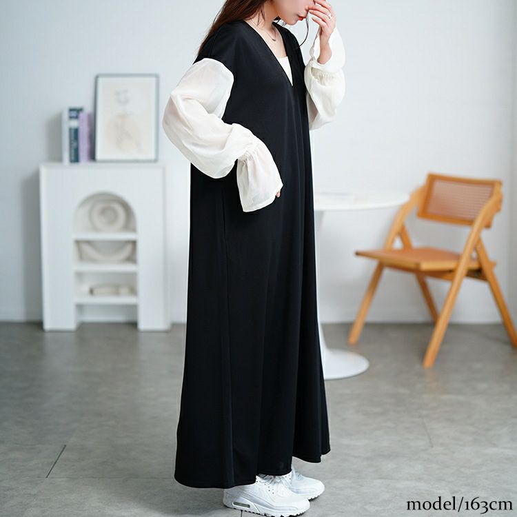 大きいサイズ レディース シアーキャンディスリーブ重ね着風ワンピース　maru-30199