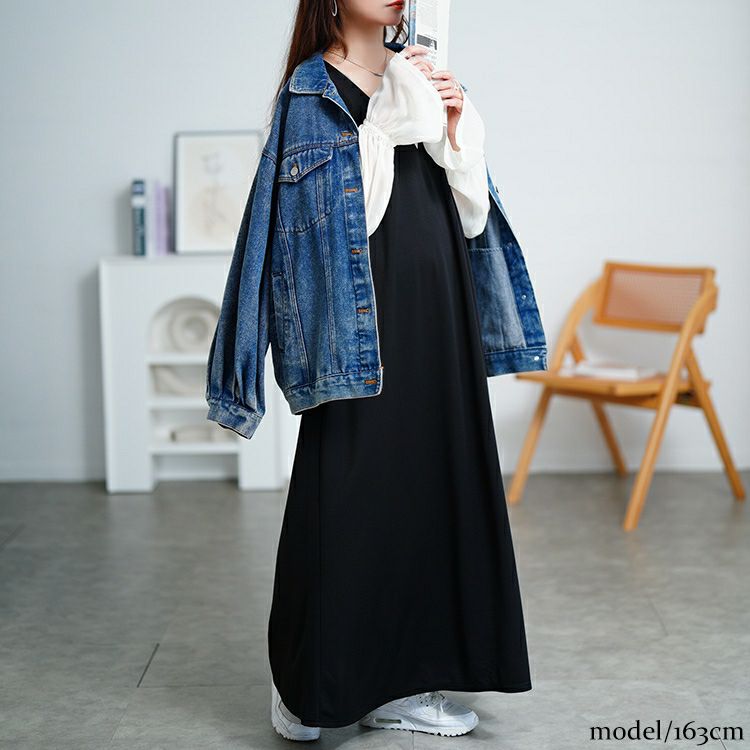 大きいサイズ レディース シアーキャンディスリーブ重ね着風ワンピース　maru-30199