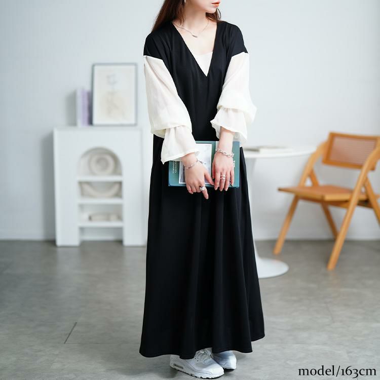 大きいサイズ レディース シアーキャンディスリーブ重ね着風ワンピース　maru-30199 ブラック