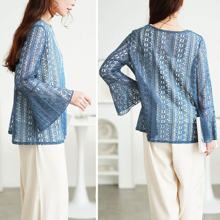 大きいサイズ レディース 花柄コードレースフレアスリーブプルオーバー　maru-30198 【メール便可】