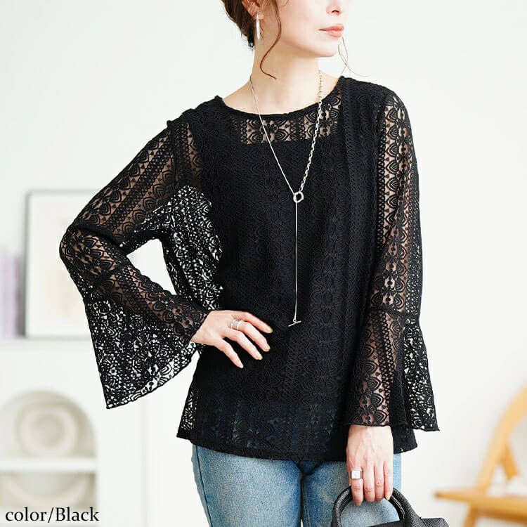 大きいサイズ レディース 花柄コードレースフレアスリーブプルオーバー　maru-30198 【メール便可】