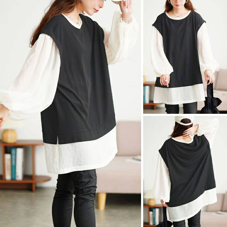 大きいサイズ レディース ワッフルベスト重ね着風チュニック　maru-30196