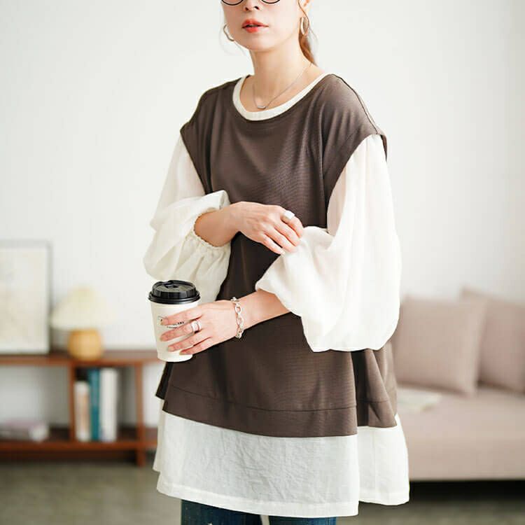 大きいサイズ レディース ワッフルベスト重ね着風チュニック　maru-30196