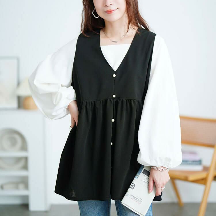 大きいサイズ レディース ペプラムベスト重ね着風チュニック　maru-30195 ブラック