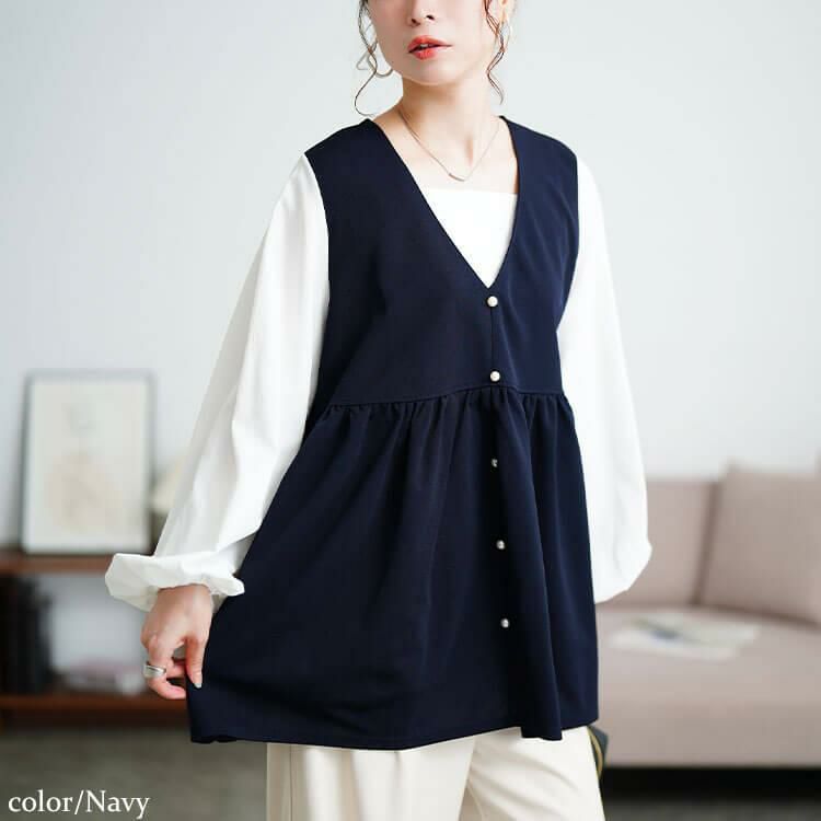 大きいサイズ レディース ペプラムベスト重ね着風チュニック　maru-30195 ネイビー