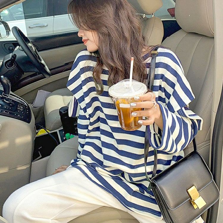 大きいサイズ レディース スリットスリーブボーダーTシャツ　goldy-1737【メール便可】