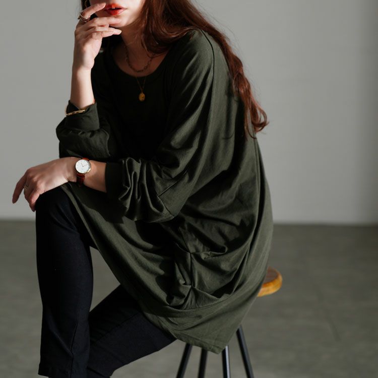 大きいサイズ レディース サイドタックドルマンチュニック　maruka-7166 【メール便可】 カーキ