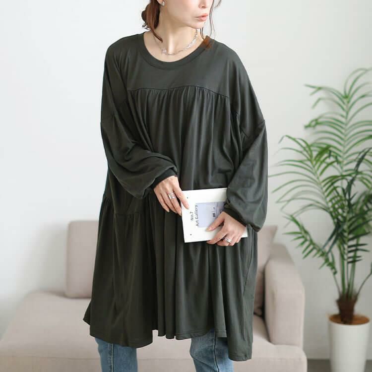 大きいサイズ レディース ティアードビッグチュニックTシャツ　maruka-7165 カーキ