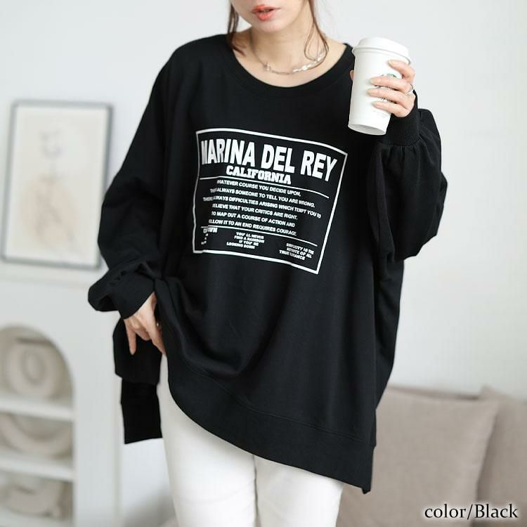 大きいサイズ レディース ロゴプリント脇スリットドルマントレーナー　maruka-7164 ブラック