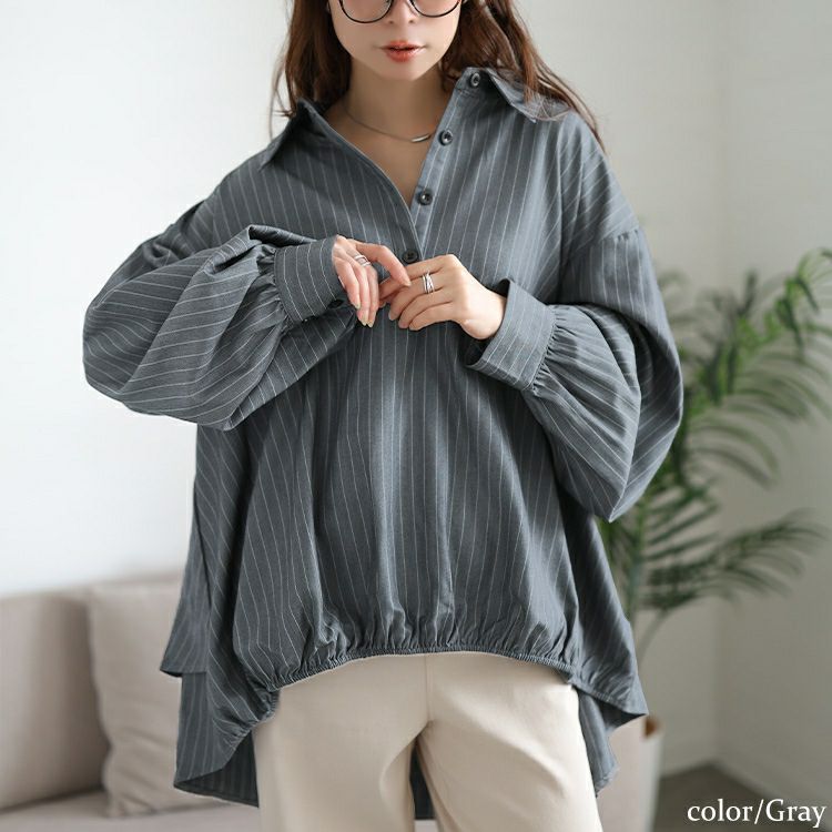 大きいサイズ レディース ストライプバックシャンボリューム袖シャツ　jp547
