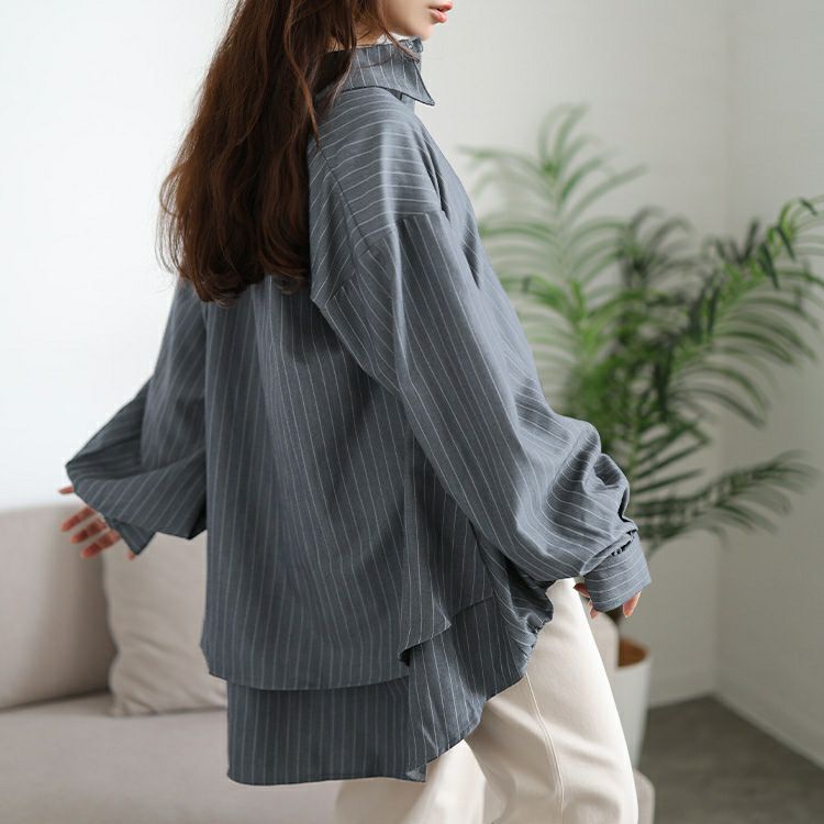 大きいサイズ レディース ストライプバックシャンボリューム袖シャツ　jp547