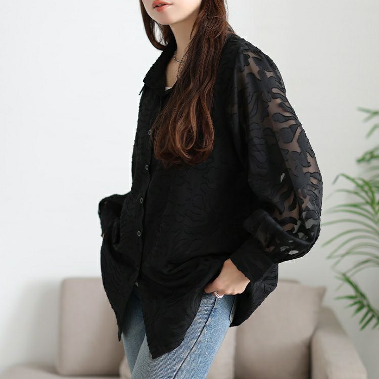 大きいサイズ レディース シアー花柄ロングシャツ　jp545 【メール便可】