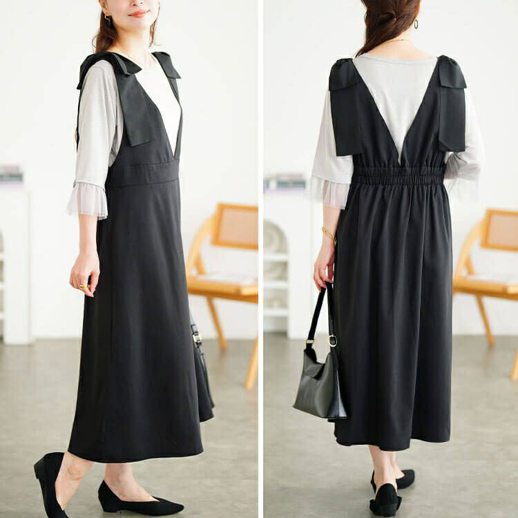 大きいサイズ レディース リボンショルダージャンパースカート　tani-15614ll