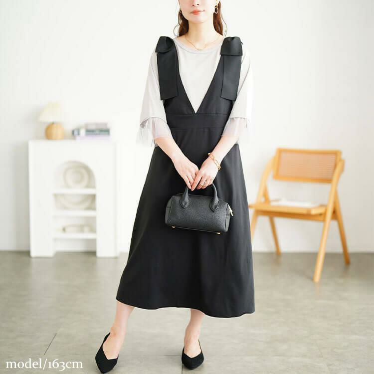 大きいサイズ レディース リボンショルダージャンパースカート　tani-15614ll ブラック