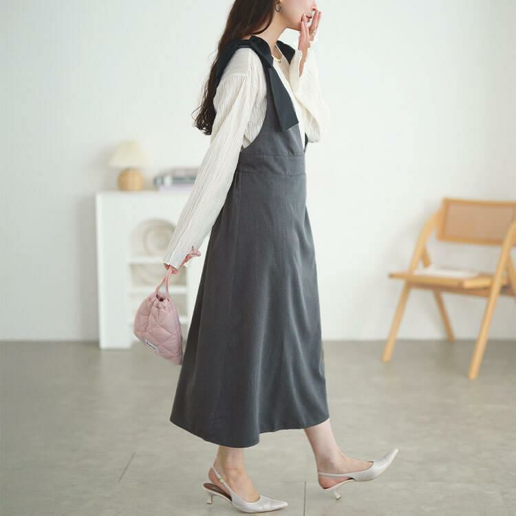 大きいサイズ レディース リボンショルダージャンパースカート　tani-15614ll チャコール