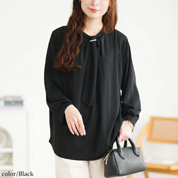 大きいサイズ レディース パールチェーン付きボウタイプルオーバー　mncut-152542 【メール便可】