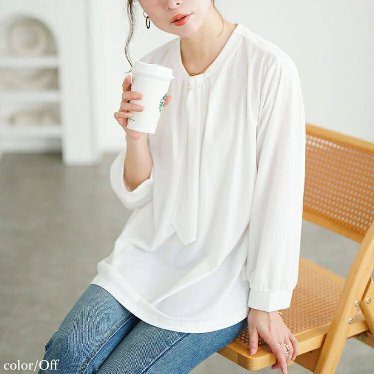 大きいサイズ レディース パールチェーン付きボウタイプルオーバー　mncut-152542 【メール便可】