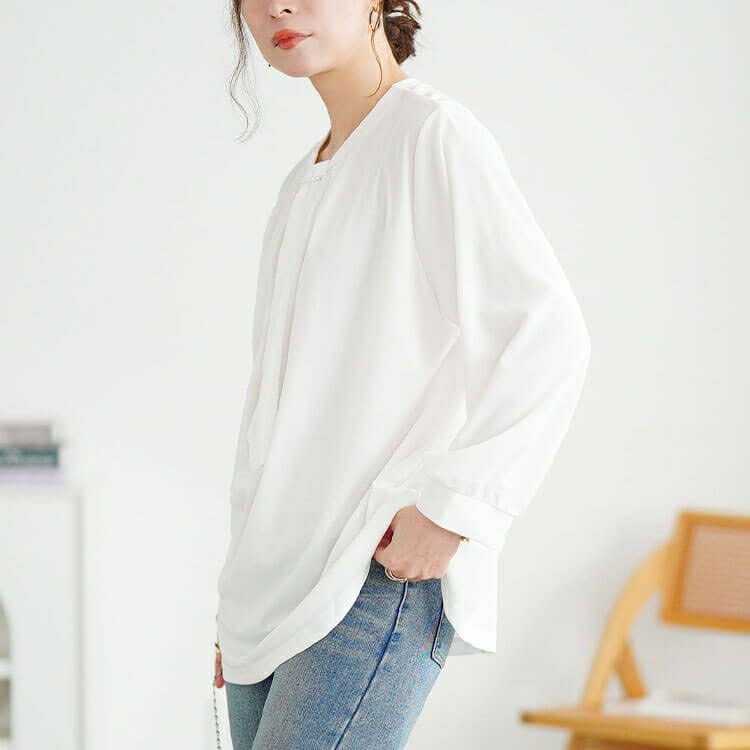 大きいサイズ レディース パールチェーン付きボウタイプルオーバー　mncut-152542 【メール便可】