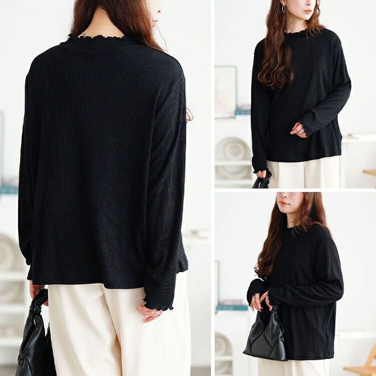 大きいサイズ レディース メロープチハイネックラメリブニット　mncut-152712 【メール便可】