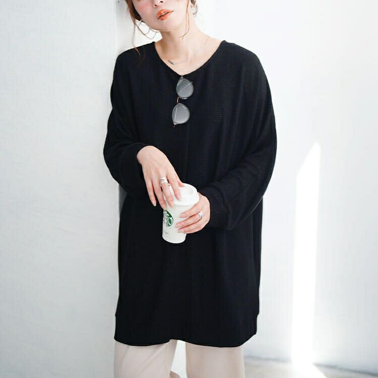 大きいサイズ レディース ラウンドネックラメリブニットチュニック　mncut-152711