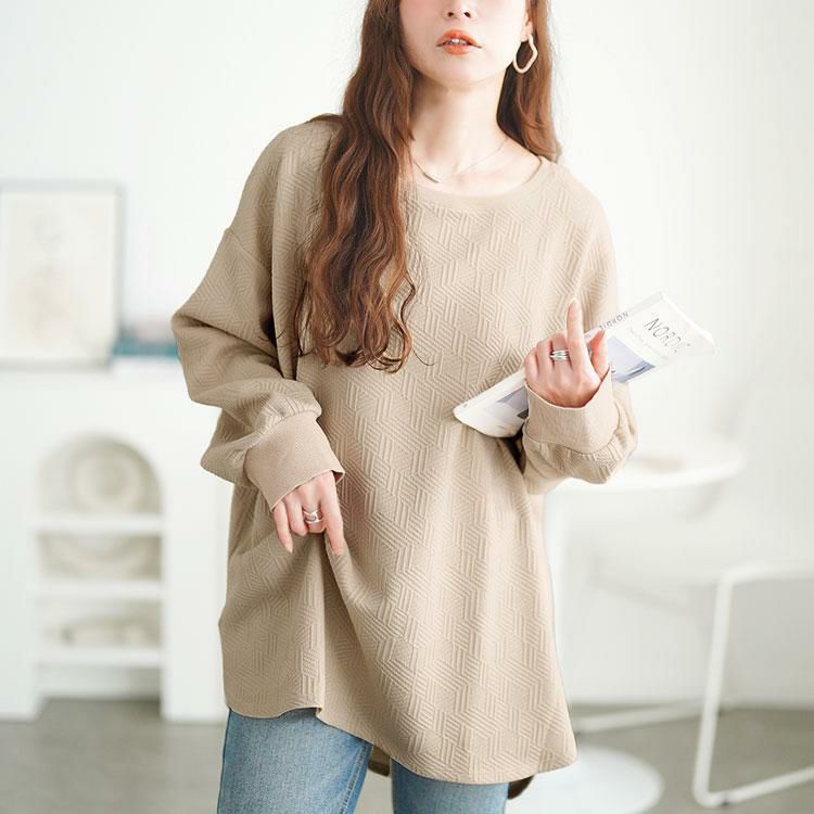 大きいサイズ レディース 幾何学柄カットキルトボートネックチュニック　mncut-152567 ベージュ